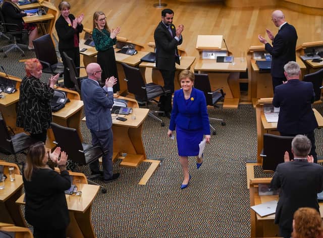 Nicola Sturgeon, First Minister of Scotland, is seen leaving the chamber following her final First Ministers Questions. Picture: Peter Summers/Getty Images