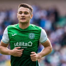 EDINBURGH, SCOTLAND - AUGUST 15: Kyle Magennis in action for Hibernian during the Premier Sports Cup match between Hibernian and Kilmarnock at Easter Road on August 15, 2021, in Edinburgh, Scotland.  (Photo by Ross Parker / SNS Group)