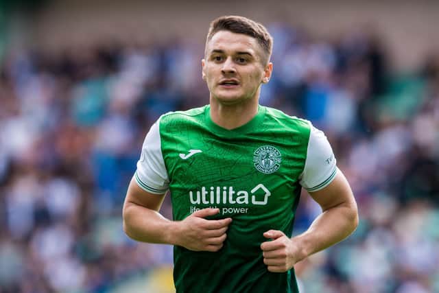 EDINBURGH, SCOTLAND - AUGUST 15: Kyle Magennis in action for Hibernian during the Premier Sports Cup match between Hibernian and Kilmarnock at Easter Road on August 15, 2021, in Edinburgh, Scotland. (Photo by Ross Parker / SNS Group)