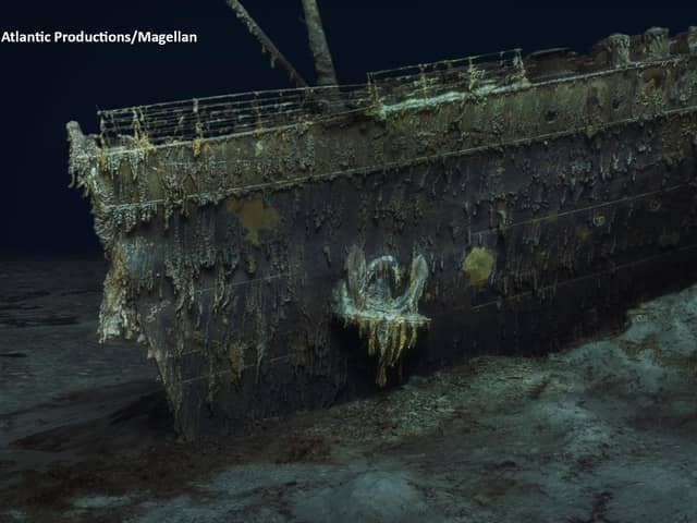 The wreck of the Titanic, which lies 12,500ft down in the Atlantic.