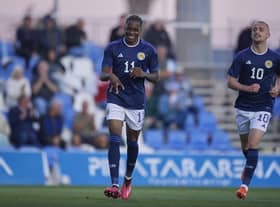Dire Mebude celebrates after scoring Scotland Under-21's opener against Sweden. (Photo by Francisco Maciá/PhotoPlayers.com)