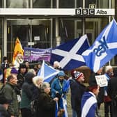 Pro-independence campaigners from the All Under One Banner group demonstrate outside BBC Scotland's headquarters last November. Picture: Lisa Ferguson