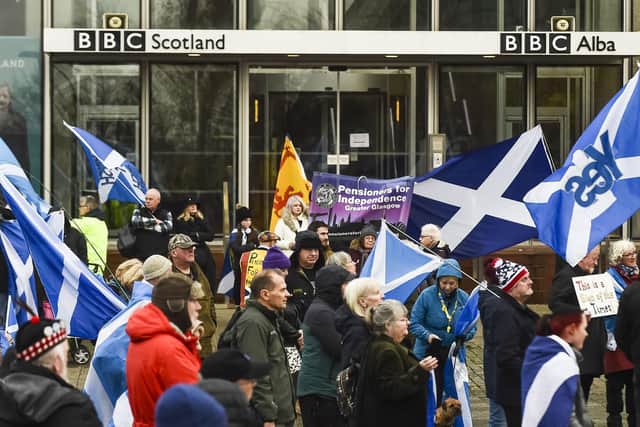 Pro-independence campaigners from the All Under One Banner group demonstrate outside BBC Scotland's headquarters last November. Picture: Lisa Ferguson