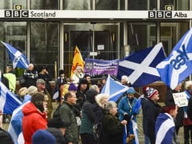 Pro-independence campaigners from the All Under One Banner group demonstrate outside BBC Scotland's headquarters last November. Picture: Lisa Ferguson