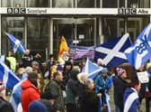Pro-independence campaigners from the All Under One Banner group demonstrate outside BBC Scotland's headquarters last November. Picture: Lisa Ferguson