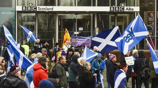 Pro-independence campaigners from the All Under One Banner group demonstrate outside BBC Scotland's headquarters last November. Picture: Lisa Ferguson