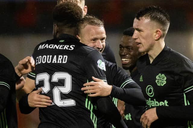 Celtic's Leigh Griffiths celebrates with Odsonne Edouard and David Turnbull after scoring in the 3-0 weekend win at Hamlton, with Neil Lennon believing the two strikers can bring out the best in each other. (Photo by Craig Williamson / SNS Group)
