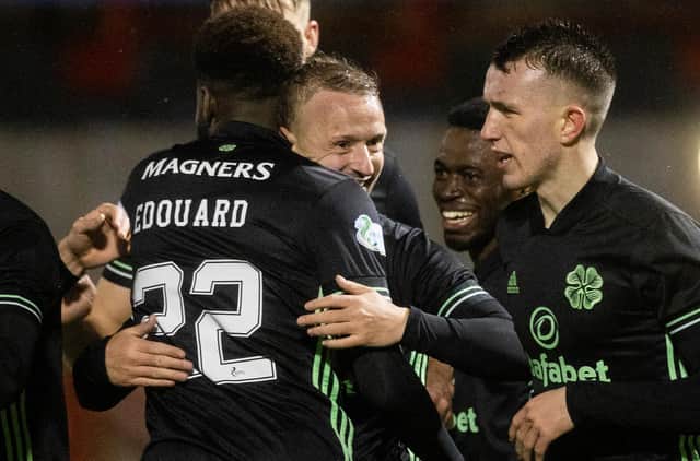 Celtic's Leigh Griffiths celebrates with Odsonne Edouard and David Turnbull after scoring in the 3-0 weekend win at Hamlton, with Neil Lennon believing the two strikers can bring out the best in each other. (Photo by Craig Williamson / SNS Group)