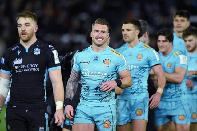 Stuart Hogg helped Exeter Chiefs beat Glasgow 52-17 but he can do the Warriors a favour on Sunday. Photo by David Gibson/Fotosport/Shutterstock