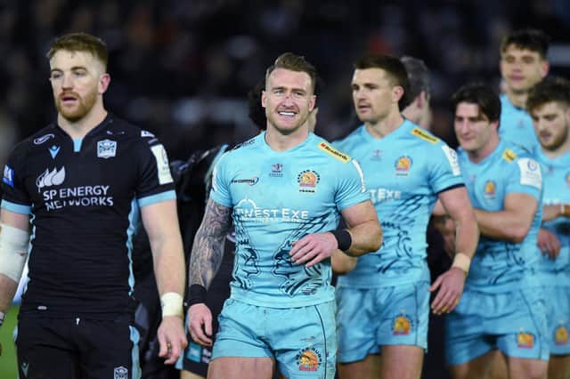 Stuart Hogg helped Exeter Chiefs beat Glasgow 52-17 but he can do the Warriors a favour on Sunday. Photo by David Gibson/Fotosport/Shutterstock