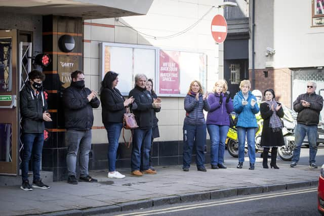 Fans outside the Gaiety Theatre in Ayr for the funeral cortege of entertainer Sydney Devine who died aged 81 on February 13 picture: Jane Barlow/PA Wire