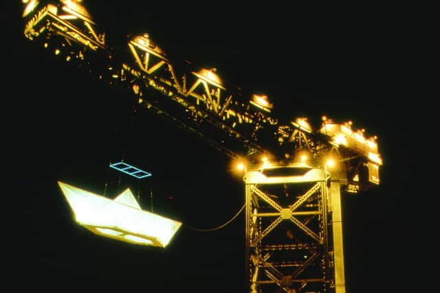 George Wyllie's Paper Boat sculpture was hung from the Finnieston Crane in Glasgow.