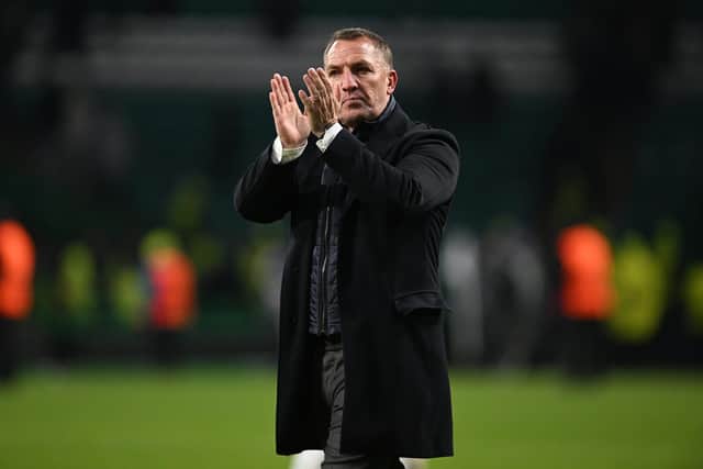 Brendan Rodgers applauds fans after the 1-1 draw with Club Brugge (Photo by Rob Casey / SNS Group)