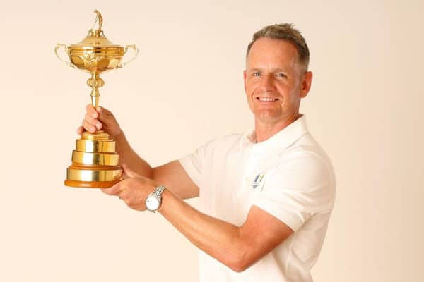 Luke Donald poses with the Ryder Cup  during the Ryder Cup 2023 Year to Go Media Event lasy October. Picture: Andrew Redington/Getty Images.