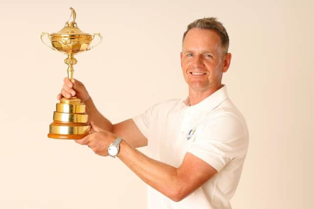 Luke Donald poses with the Ryder Cup during the Ryder Cup 2023 Year to Go Media Event lasy October. Picture: Andrew Redington/Getty Images.