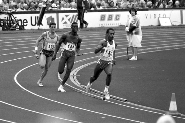 The final of the Men's 4x400m relay race at the Edinburgh Commonwealth Games 1986, where England won gold, closely followed by Australia and Canada.