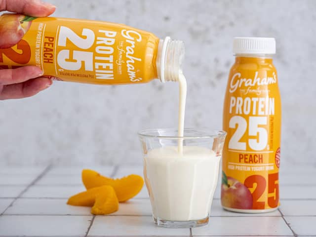 Graham's new Protein 25 yogurt drinks come in four flavours, including peach.