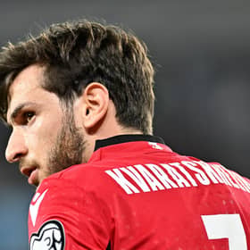 Georgia's Khvicha Kvaratskhelia scored twice and tormented the Scotland defence on Thursday night. (Photo by Levan Verdzeuli/Getty Images)