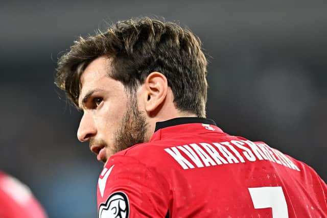 Georgia's Khvicha Kvaratskhelia scored twice and tormented the Scotland defence on Thursday night. (Photo by Levan Verdzeuli/Getty Images)