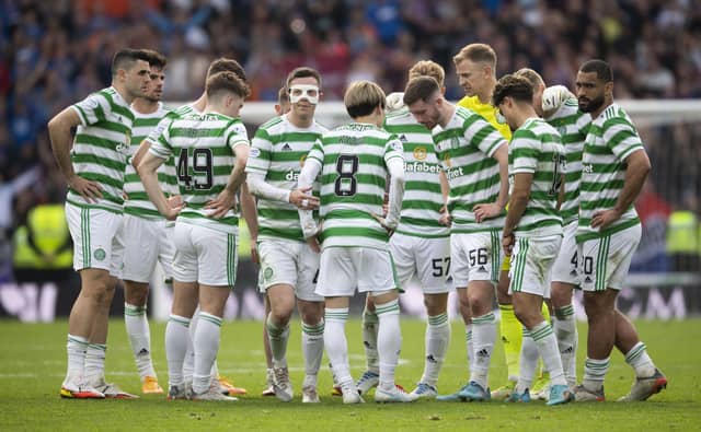 The Celtic players huddle at full time after the 2-1 defeat to Rangers in the Scottish Cup semi-final at Hampden. (Photo by Craig Foy / SNS Group)