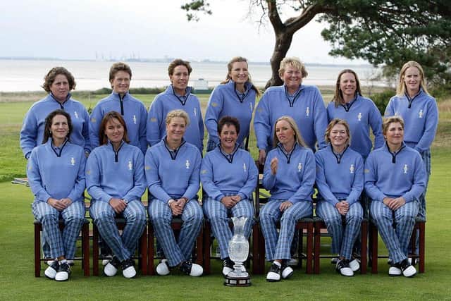 Janice Moodie, back row far right, with her Europen team-mates at the 2003 Solheim Cup. Picture: Ola Torkelsson/AFP via Getty Images.