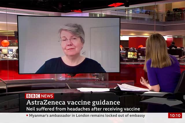Dr Alison Astles, the sister of  Neil Astles, 59, who died from a blood clot after receiving his first AstraZeneca dose, is urging people to continue to be vaccinated (Picture: BBC News/PA Wire)