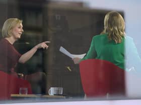 Prime Minister Liz Truss (left) in the BBC studio in Birmingham to appear on the BBC1 current affairs programme, Sunday with Laura Kuenssberg, as the Conservative Party annual conference gets underway