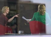 Prime Minister Liz Truss (left) in the BBC studio in Birmingham to appear on the BBC1 current affairs programme, Sunday with Laura Kuenssberg, as the Conservative Party annual conference gets underway