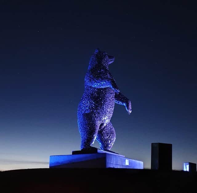 To commemorate the first battle of Dunbar in 1296,  the five-metre high DunBear steel sculpture will be illuminated in blue and white on April 27 (Photo: Stalactite Photography).