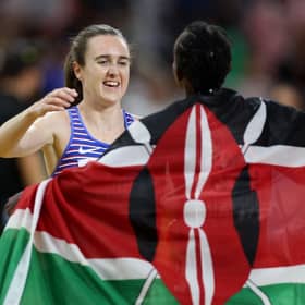 Laura Muir with Women's 1500m winner Faith Kipyegon. (Photo by Steph Chambers/Getty Images)