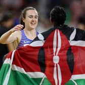 Laura Muir with Women's 1500m winner Faith Kipyegon. (Photo by Steph Chambers/Getty Images)