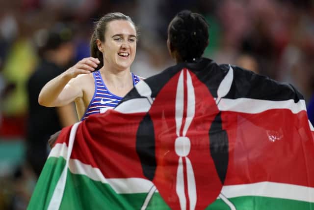 Laura Muir with Women's 1500m winner Faith Kipyegon. (Photo by Steph Chambers/Getty Images)