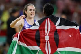 Laura Muir with Women's 1500m winner Faith Kipyegon. (Photo by Steph Chambers/Getty Images)