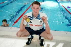 Duncan Scott with his Olympics medals at the Peak Leisure Centre, Stirling, where he was giving expert swimming tips to Learn to Swim classes. Picture: Jane Barlow/PA Images