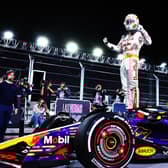 Max Verstappen of Oracle Red Bull Racing celebrates in parc ferme after winning the F1 Grand Prix of Las Vegas. (Photo by Mark Thompson/Getty Images)