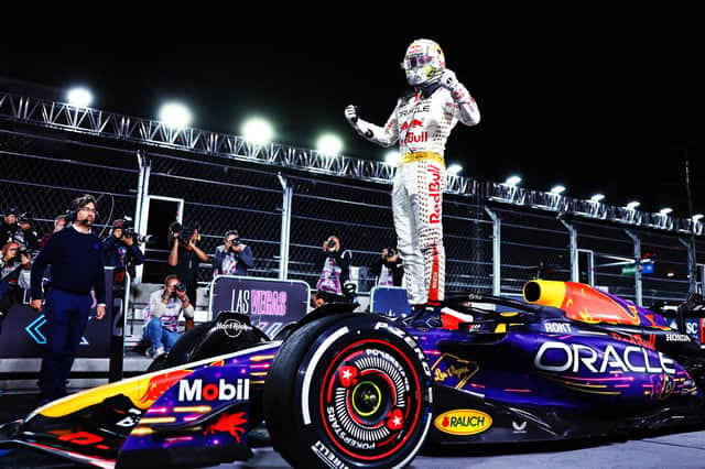 Max Verstappen of Oracle Red Bull Racing celebrates in parc ferme after winning the F1 Grand Prix of Las Vegas. (Photo by Mark Thompson/Getty Images)