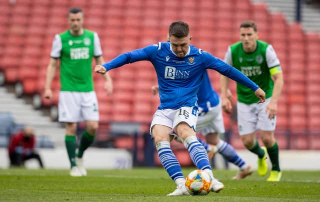St Johnstone's Glenn Middleton sees his penalty saved by Matt Macey.