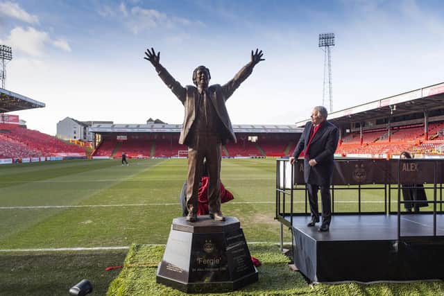Sir Alex Ferguson unveils his tribute statue during a special ceremony at Pittodrie, on February 25, 2022, in Aberdeen, Scotland. (Photo by Mark Scates / SNS Group)