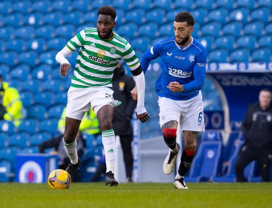 Celtic's Odsonne Edouard holds off Rangers' Connor Goldson in the pair's last derby meeting in January. (Photo by Alan Harvey / SNS Group)