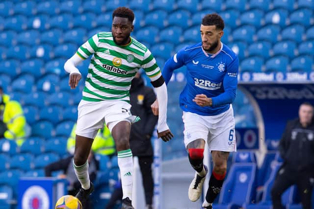 Celtic's Odsonne Edouard holds off Rangers' Connor Goldson in the pair's last derby meeting in January. (Photo by Alan Harvey / SNS Group)