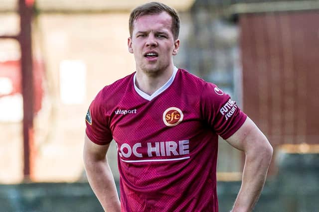 Stenhousemuir's Jonathan Tiffoney during a Scottish Cup Third Round tie between Stenhousemuir and Kilmarnock at Ochilview, on April 03, 2021, in Larbert, Scotland. (Photo by Euan Cherry / SNS Group)