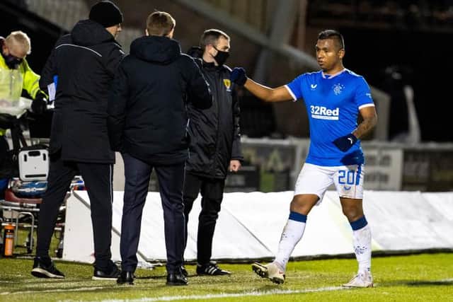 Rangers Alfredo Morelos and Steven Gerrard during Scottish Premiership match between St Mirren and Rangers at the SMISA Stadium, on December 30, 2020,(Photo by Alan Harvey / SNS Group)