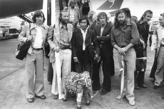 Doug Scott and the other members of the successful 1975 Everest expedition pictured at Heathrow Airport. Left to right: Peter Boardman; Chris Bonington, a sherpa, Dougal Haston and Doug Scott. (Pic: Getty Images).
