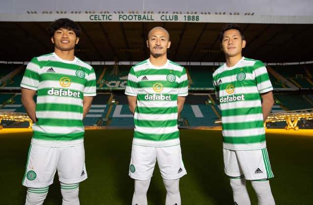 Celtic's J-League January signings Reo Hatate, Daizen Maeda and Yosuke Ideguchi are paraded together but Ange Postecoglou says the trio, and Kyogo Furuhashi, shouldn't be perceived as 'four Japanese' but individuals. (Photo by Alan Harvey / SNS Group)