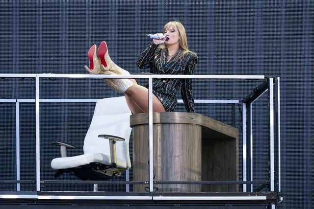 Taylor Swift performs on stage during her Eras Tour at the Murrayfield Stadium in Edinburgh.