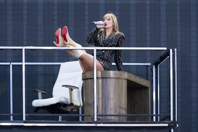 Taylor Swift performs on stage during her Eras Tour at the Murrayfield Stadium in Edinburgh.