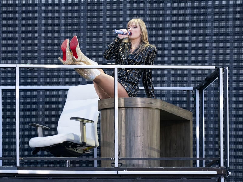 Taylor Swift performs on stage during her Eras Tour at the Murrayfield Stadium in Edinburgh.
