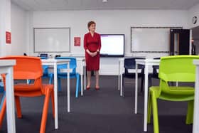 First Minister Nicola Sturgeon views a classroom as she visits West Calder High School. Picture: Andy Buchanan-Pool/Getty Images