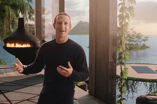 Mark Zuckerberg, CEO of Meta, formerly known as Facebook, immersed in the company's new sprawling virtual metaverse at Facebook Connect 2021. (Image courtesy of Meta)