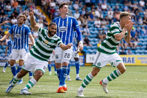 Celtic's Carl Starfelt (R) celebrates scoring to make it 4-0 during a cinch Premiership match between Kilmarnock and Celtic at Rugby Park, on August 14, 2022, in Kilmarnock, Scotland. (Photo by Craig Williamson / SNS Group)